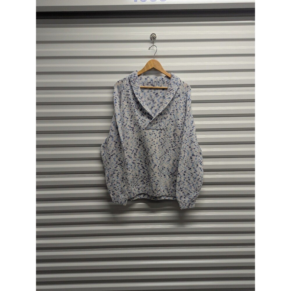 Vintage Women's Large Cowl V Neck Knit White with Blue Sweater